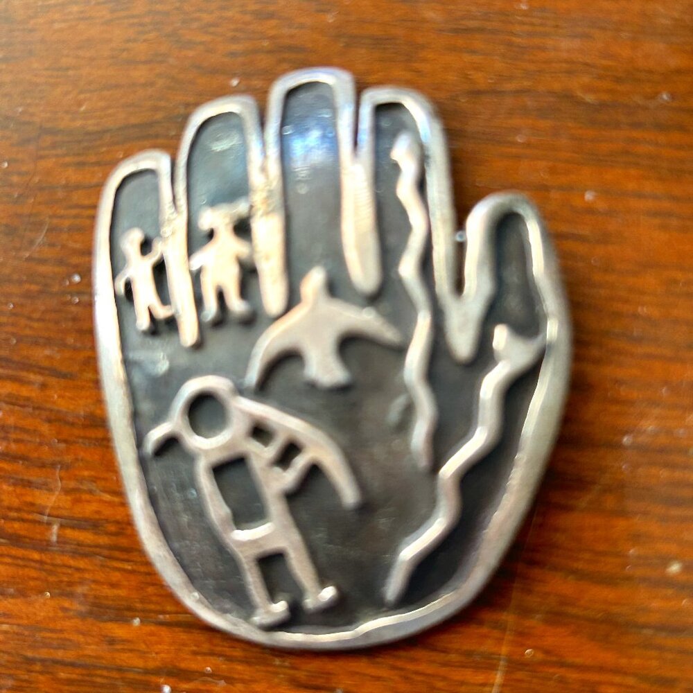 Navajo Ancestor Hand Petroglyph pin, Sterling Silver